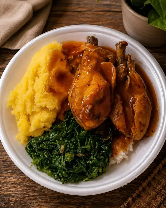 Marmita de frango com polenta, couve e arroz